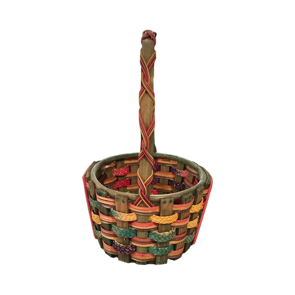 Vintage Multi Color Woven Wood Easter Basket Beaded Detail Boho Decor 13in Tall